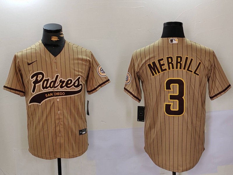 Men's San Diego Padres Jackson Merrill #3 Tan Alternate Jersey